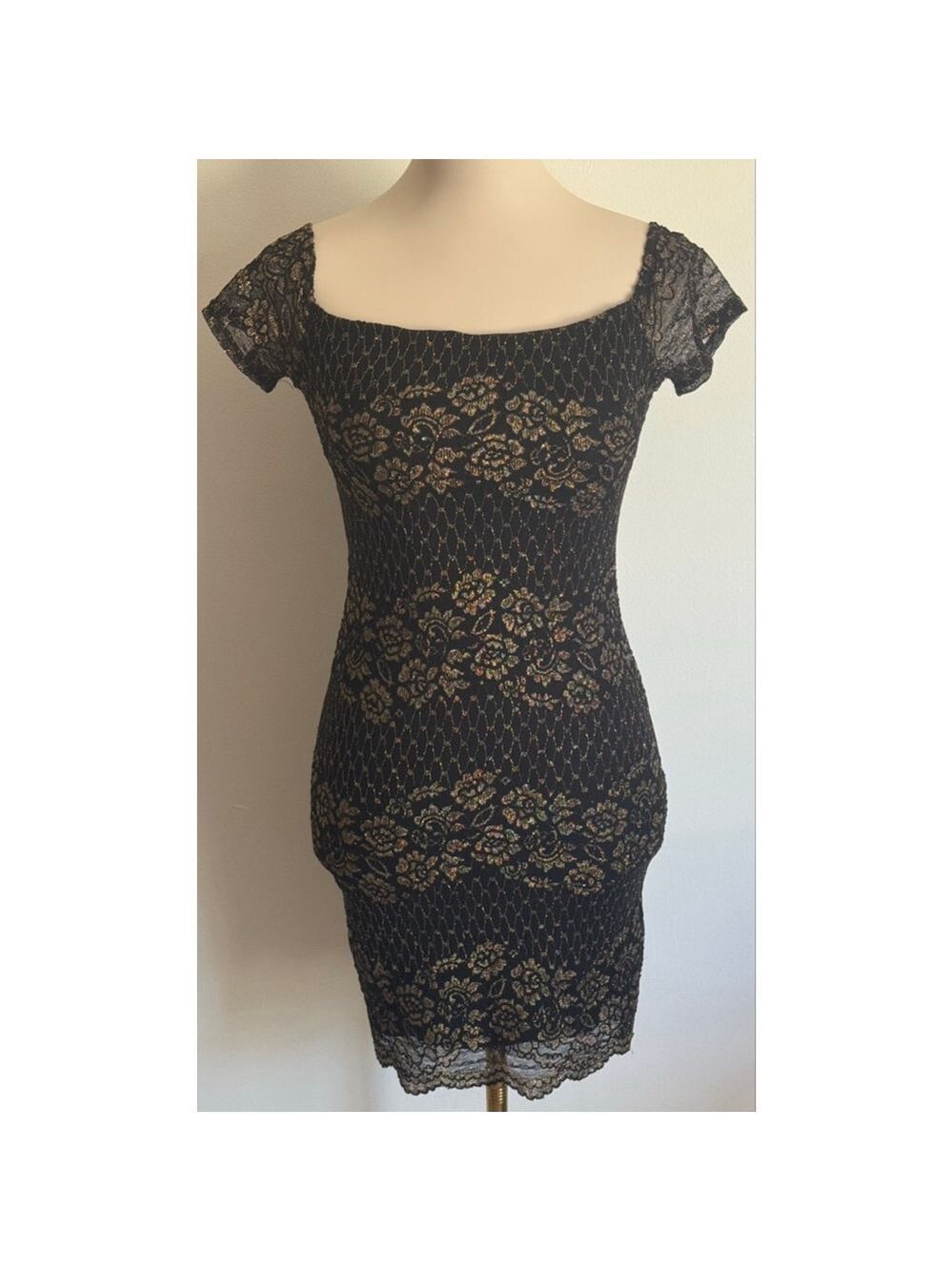 Women's TRAC Black Gold Metallic Lace Off Shoulder Mini Dress M